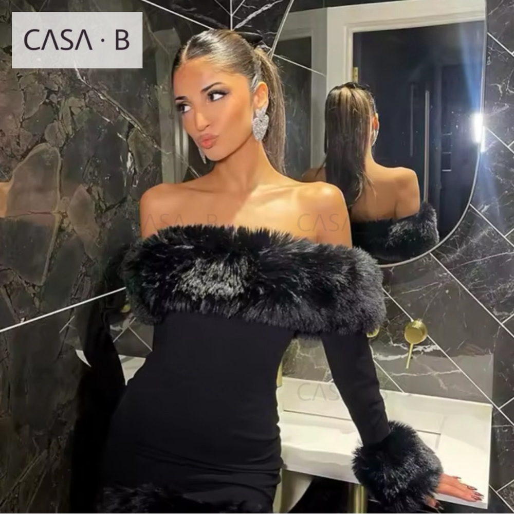 SOON to CASA B | Diana Luxe Off-Shoulder Faux Fur trimmed Black Mini Dress